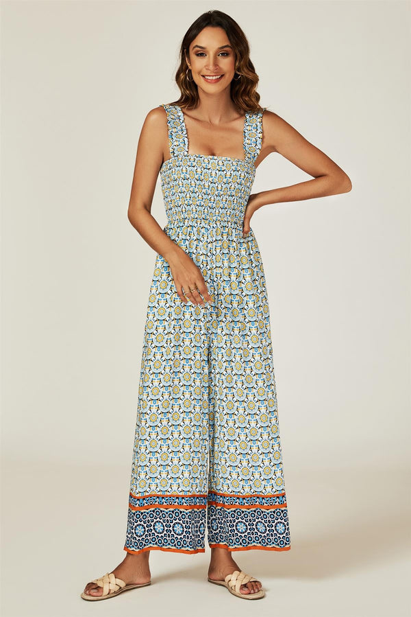 Geo Print Stretchy Smokwerk Wijde Jumpsuit in Blauw