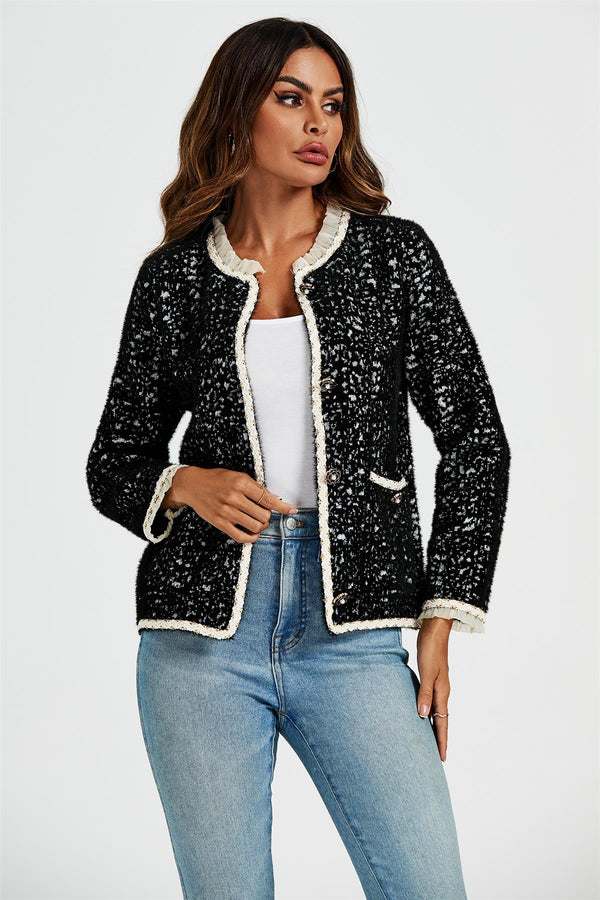 Bouclé-Jacke mit Spitzenbesatz in Schwarz