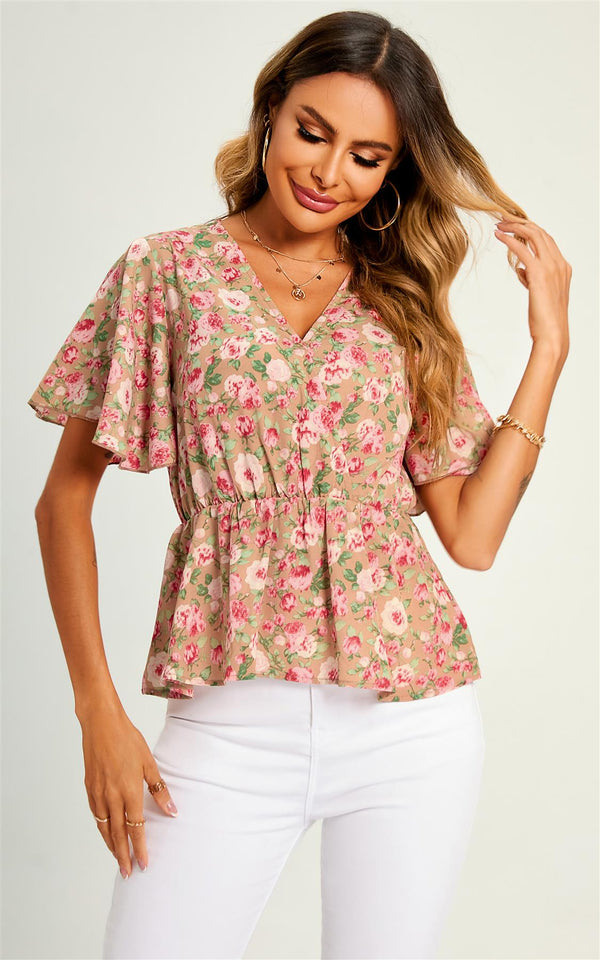 Top/Bluse mit V-Ausschnitt und Engelsärmeln in Beige-Rosa-Flora-Print