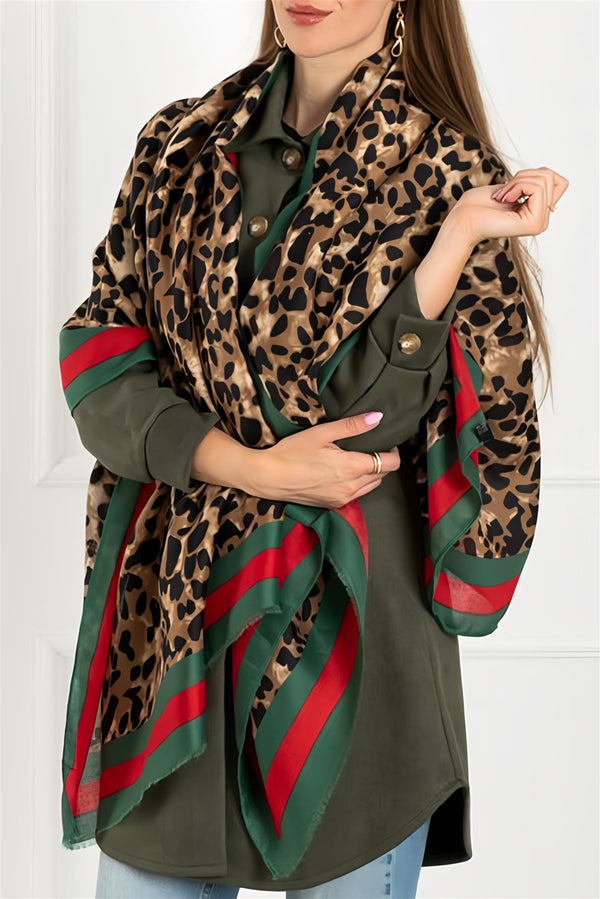 Leopard & Strip Print Fringed edges Scarf In Green & Red