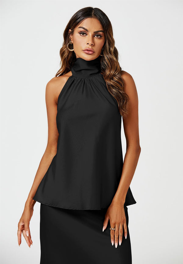 Satin Halter Neck Tie Back Top In Black