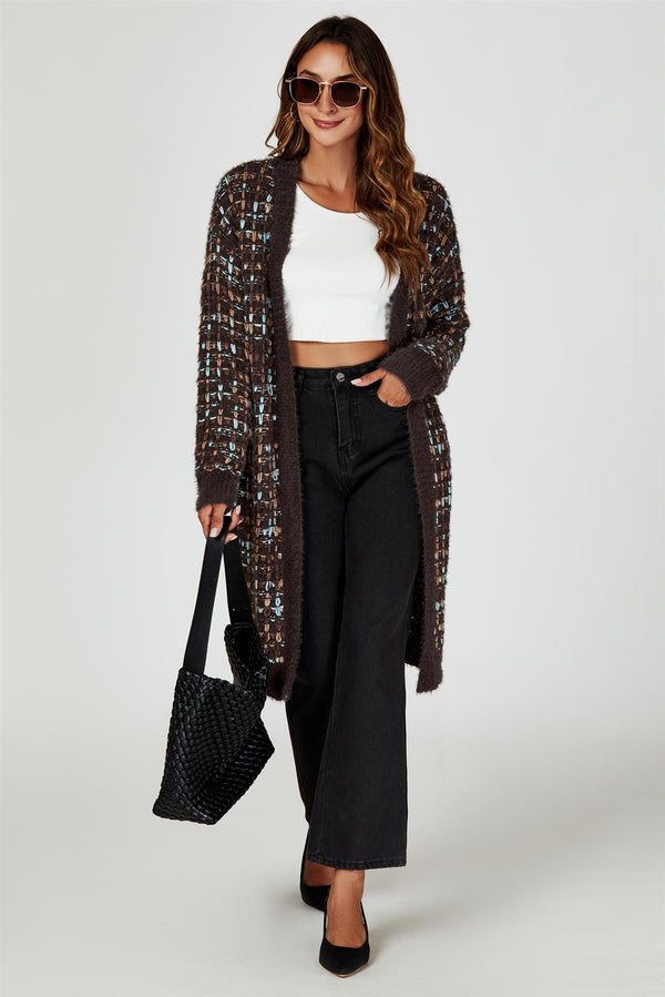 Boucle Check Cardigan In Brown With Multicolour Speckles