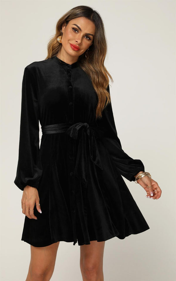 Hochgeschlossenes, langärmliges Minikleid mit Knopfleiste aus Samt in Schwarz