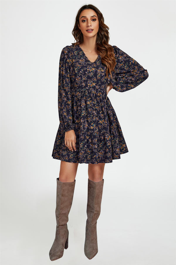 Little Floral Print V Neck Mini Dress In Navy