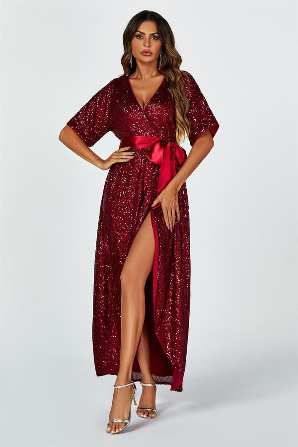 Maxikleid mit Pailletten im Wickelstil in Weinrot 