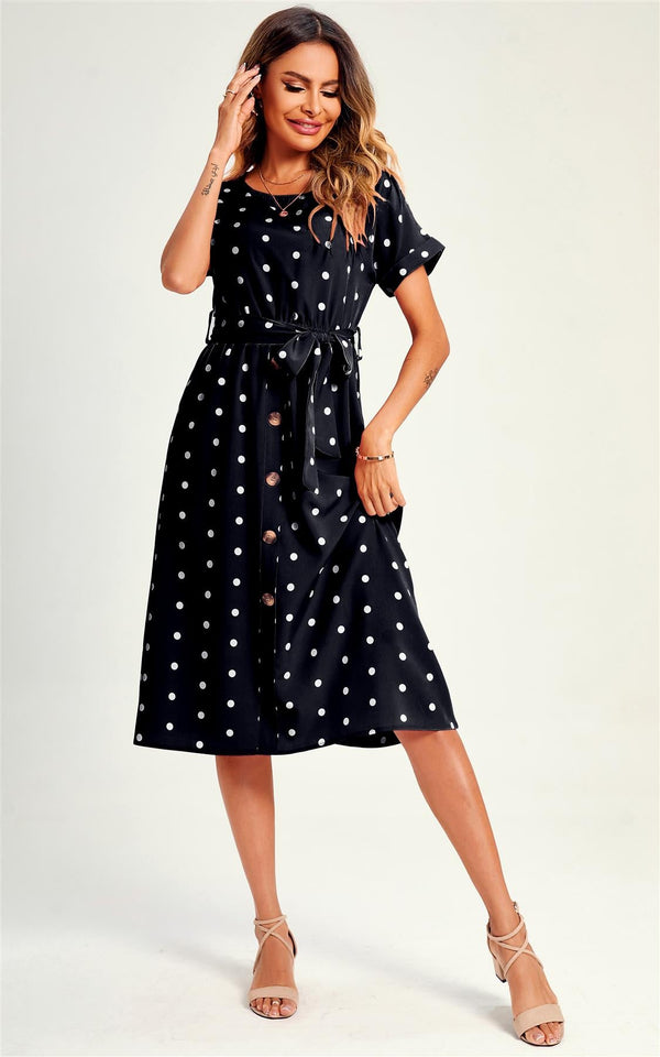 Midikleid mit gepunktetem Knopfdetail in Schwarz