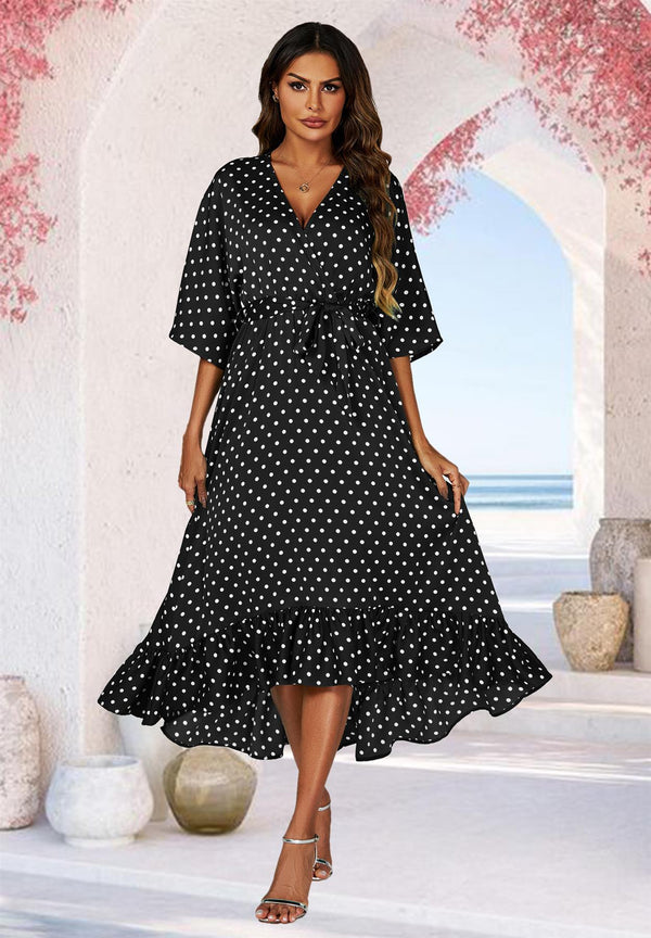 Maxikleid mit Wickeloberteil und Kimonoärmeln in Schwarz mit Punktemuster