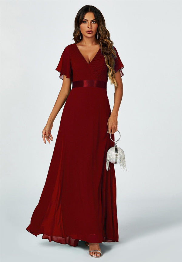 Angel Sleeves Empire Waist Bridesmaid Dress In Wine