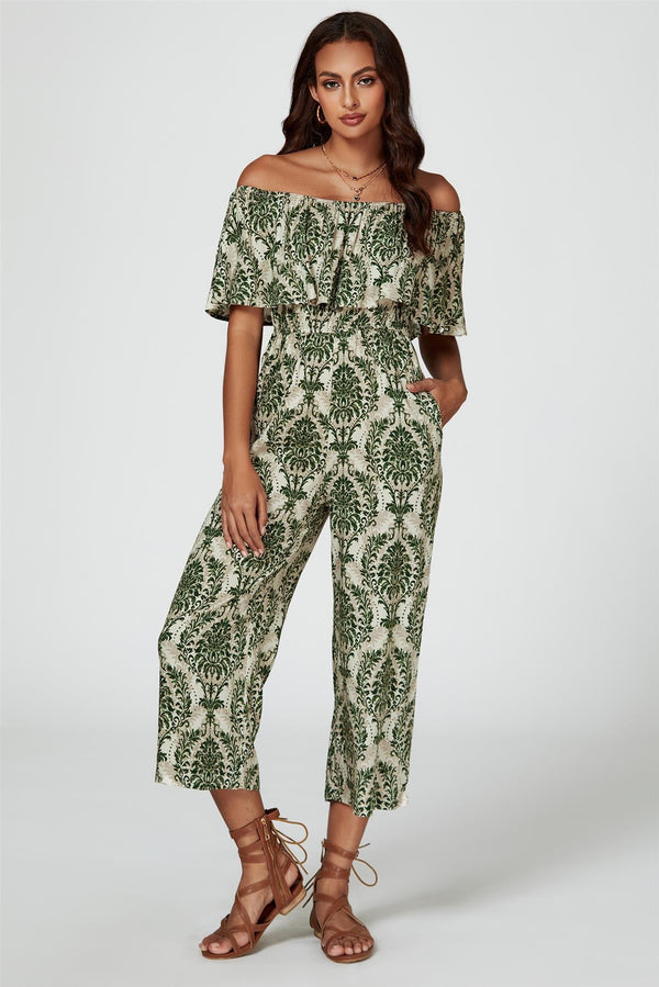 Schulterfreier Jumpsuit mit Rüschenprint in Grün