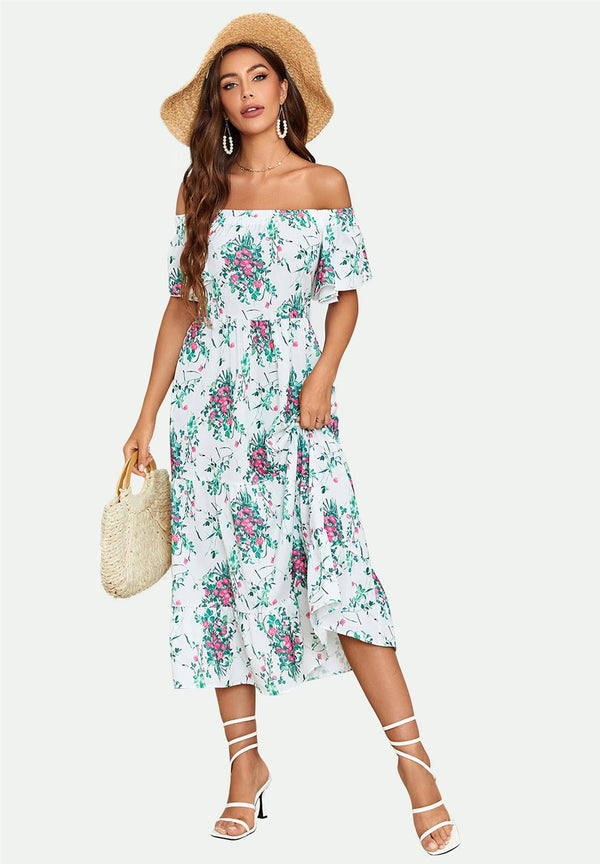 Lockeres Bardot-Midikleid mit Blumenmuster in Weiß