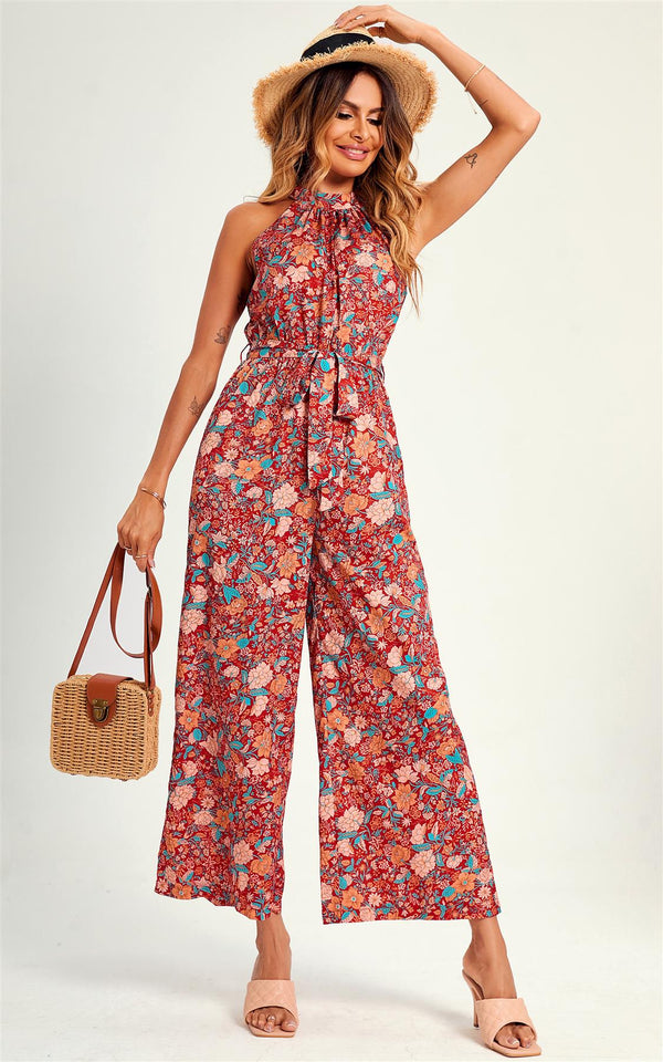 Hochgeschlossener Jumpsuit mit Flora-Print in Rot