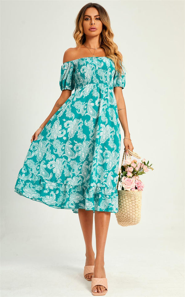 Bardot-Midikleid mit Puffärmeln und elastischem Detail in Türkisgrün