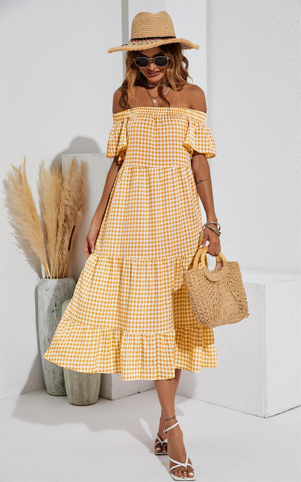 Lässiges, schulterfreies Bardot-Midikleid mit Rüschen in Gelb