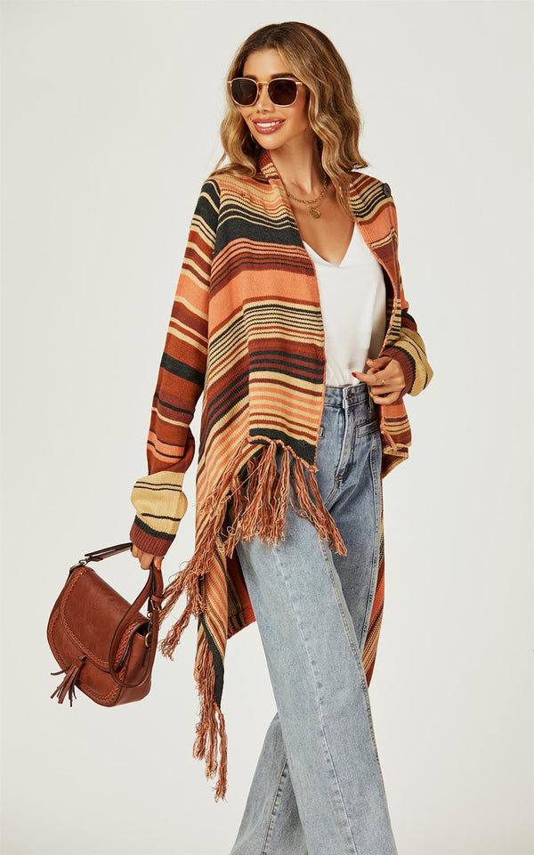 Strickjacke mit Fransendetail in Rostrot &amp; Orange &amp; Schwarz