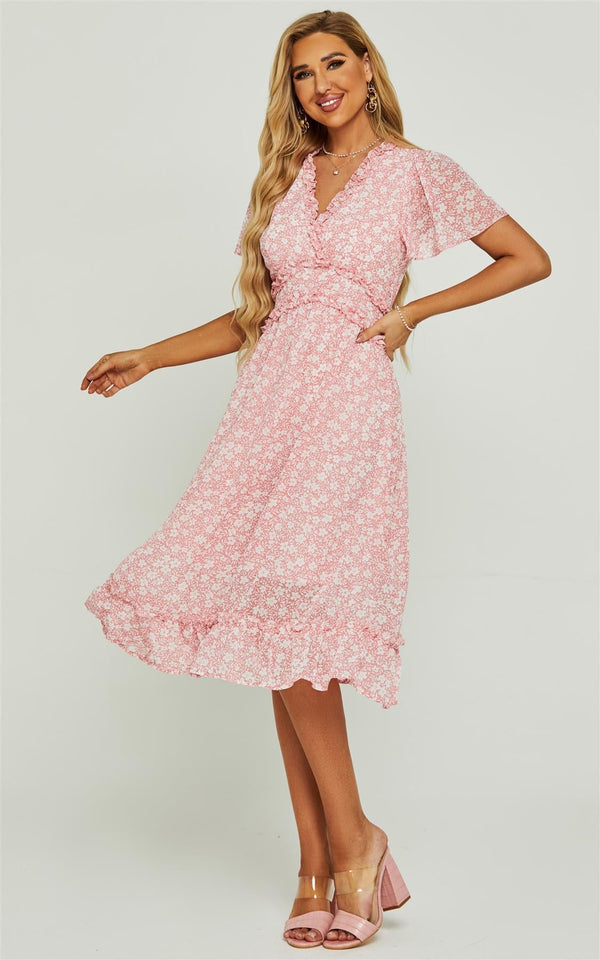 Midikleid mit V-Ausschnitt und Rüschendetail in Rosa mit Blumenmuster