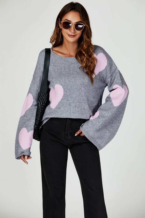Heart Patten Wide Sleeve Oversize Jumper In Light Grey