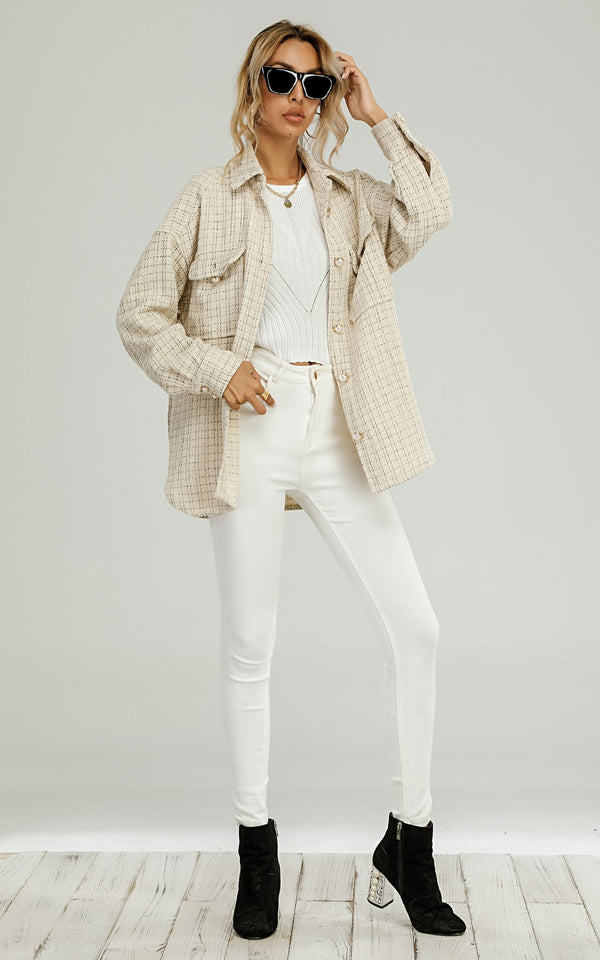 Pearl Buttons Check Oversized Shirt Jacket In Cream