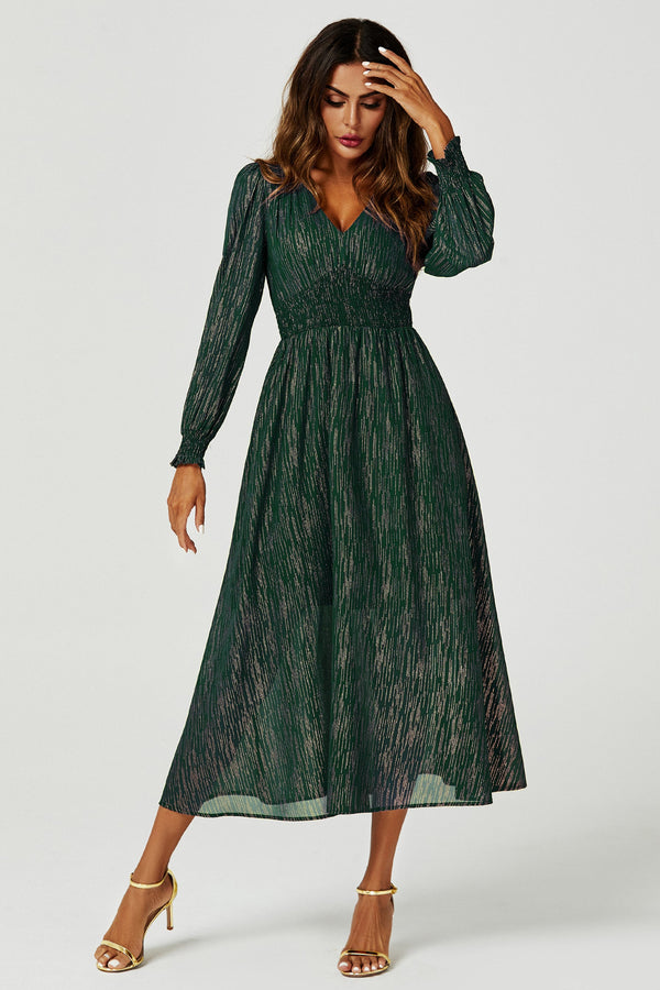 Goudkleurige folie maxi-jurk met lange mouwen in groen 