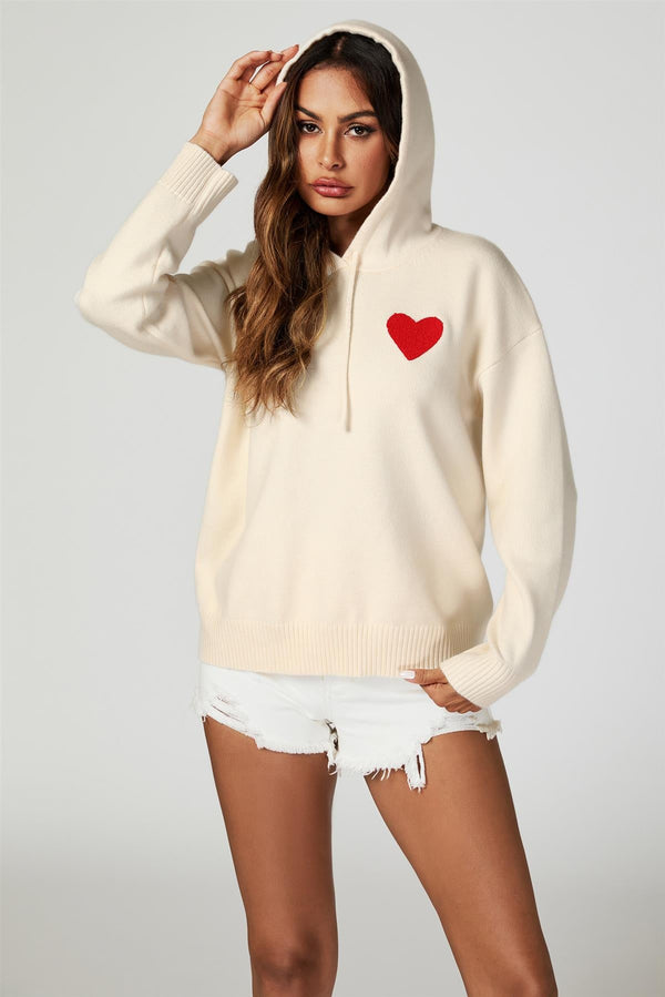 Strick-Hoodie mit Herzstickerei in Creme