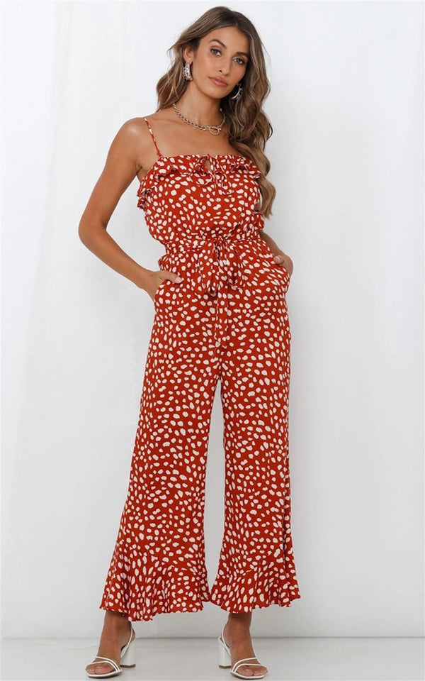 Ruffle Detail Jumpsuit In Orange Spot Print