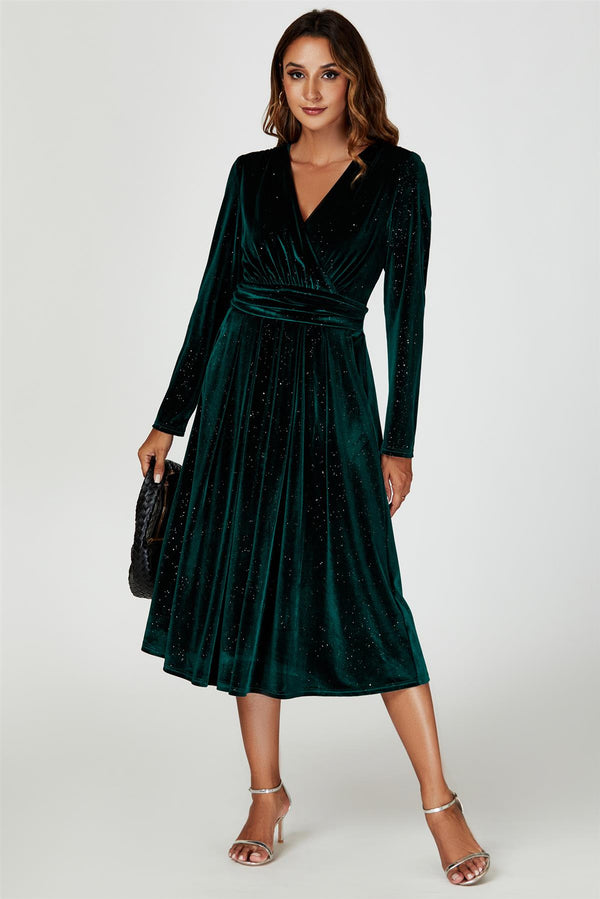 Silver Sparkly Velvet Wrap Top Midi Dress In Green