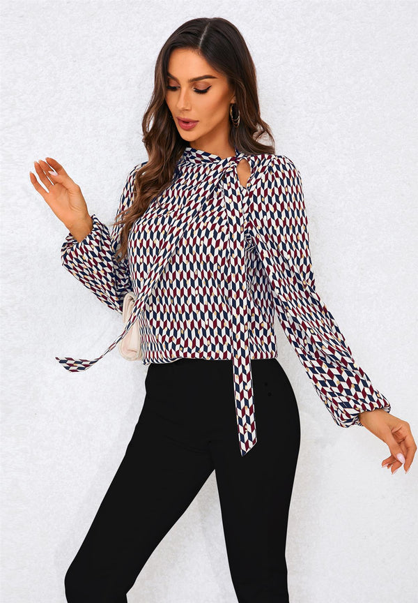 Geo Print Side Tie Blouse Top In Wine