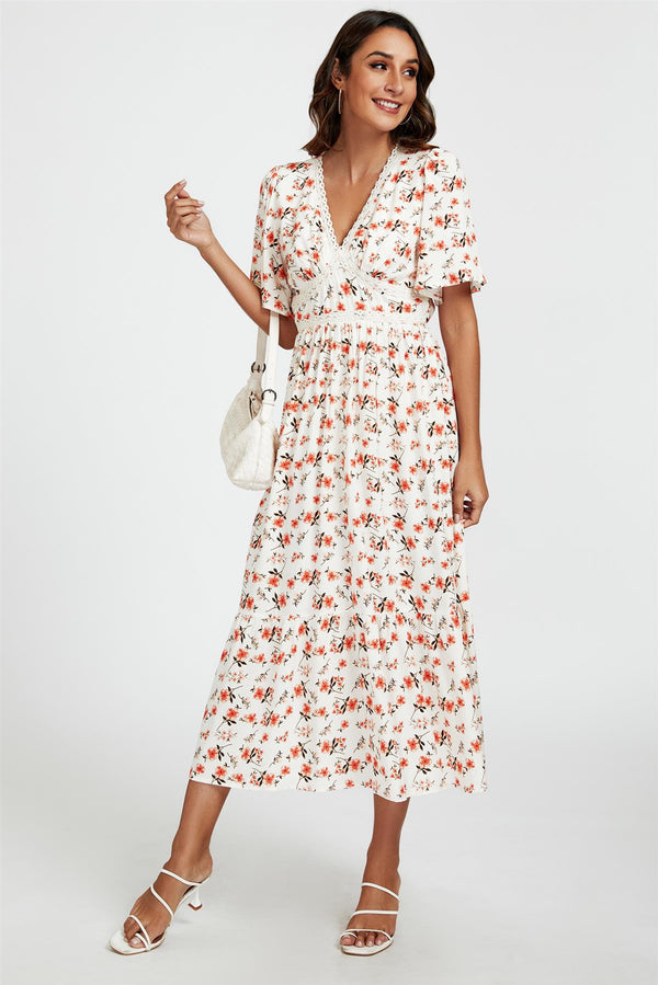 Red Floral Print Lace Detail Angel Sleeve Midi Dress In Cream