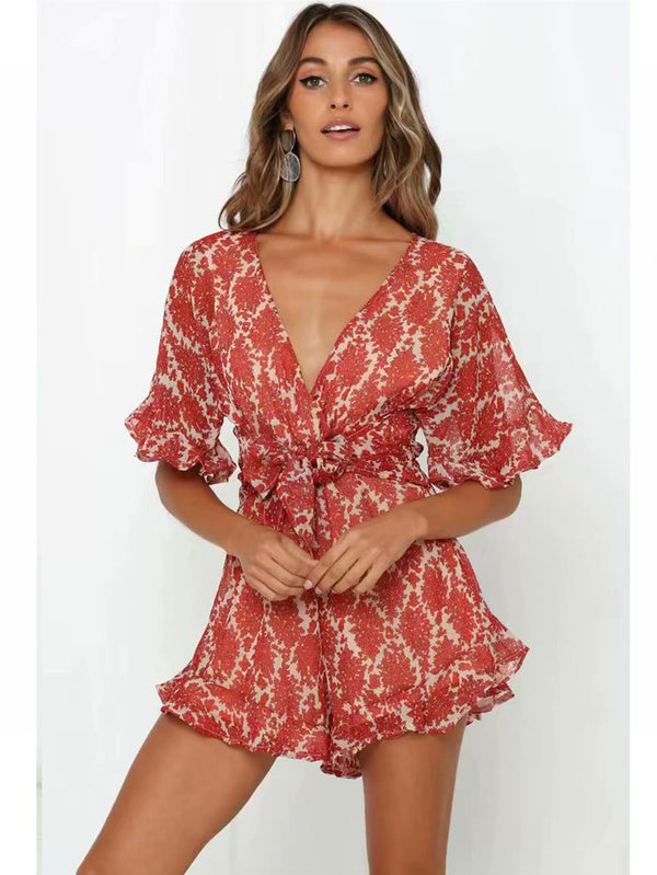 V Neck & Back Detail Playsuit In Orange With Floral Print