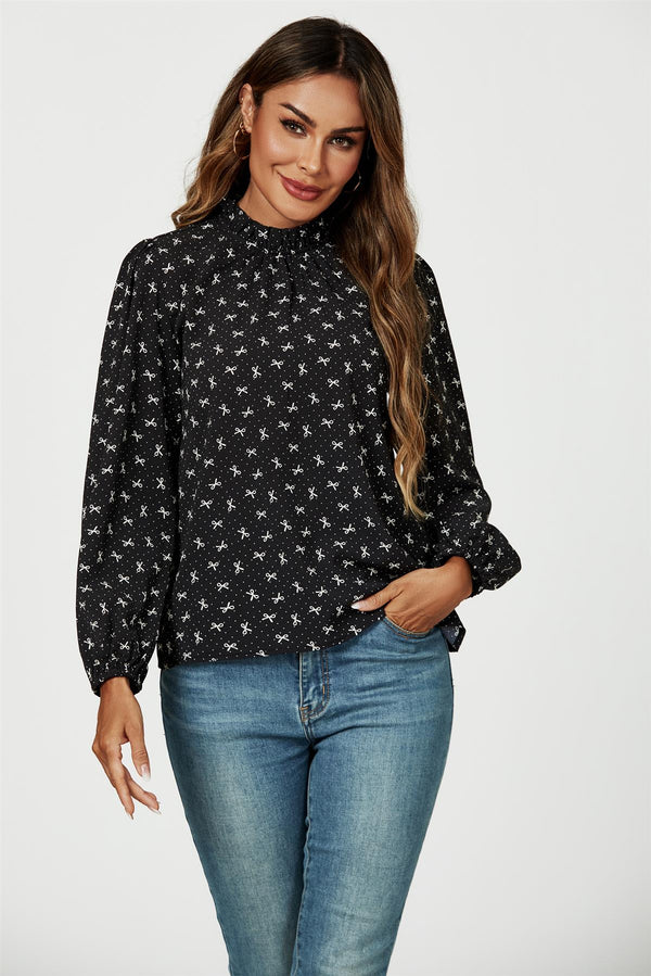 Bow Print Frill Detail High Neck Top In Black