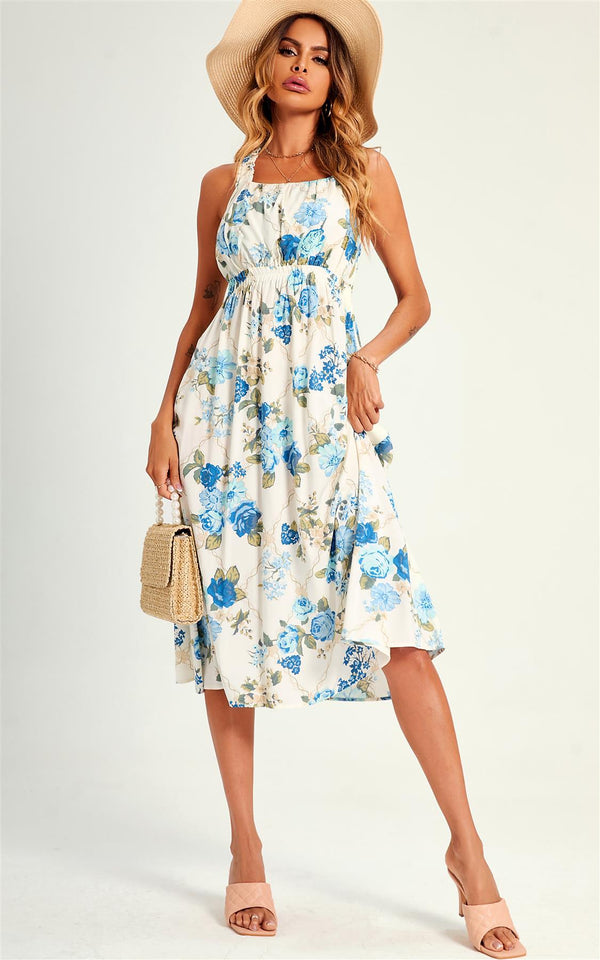 Pretty – Weißes Midikleid mit überkreuztem Rücken und Flora-Print