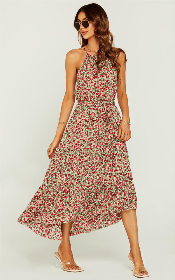 Rose Flora Print Neckholder-Maxikleid in Beige
