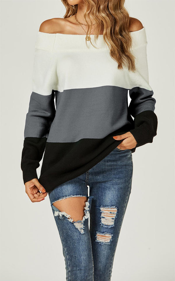 Off The Shoulder Block Colour Relaxed Jumper Top In Grey & White & Black