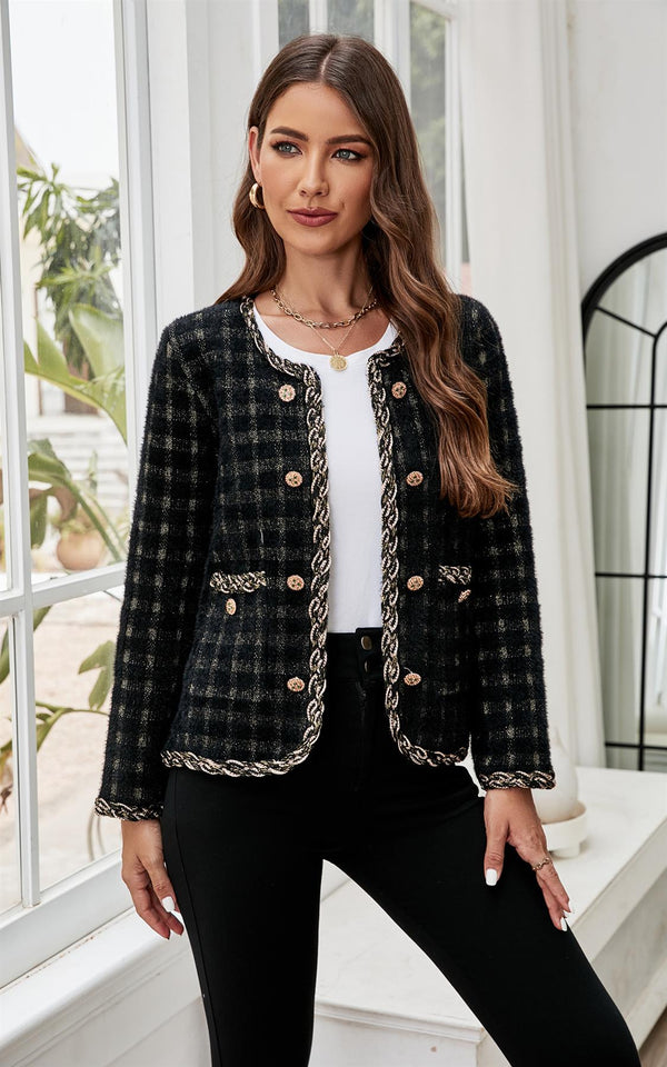 Gerade geschnittene Bouclé-Jacke in Schwarz