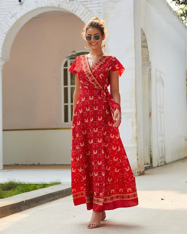 Maxi-Wickelkleid im Bohème-Stil mit Blumenmuster in Rot und Gold