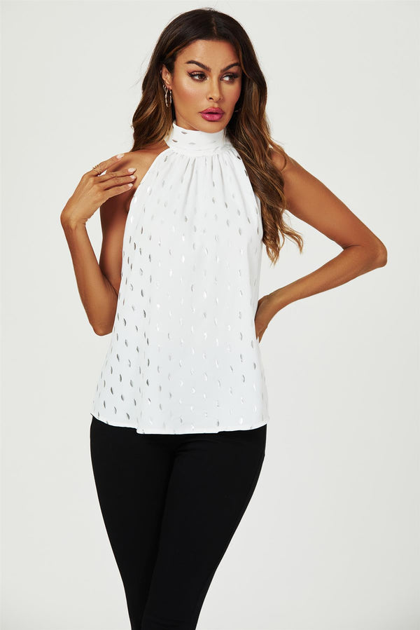 Silver Foil Halter Neck Tie Back Top In White