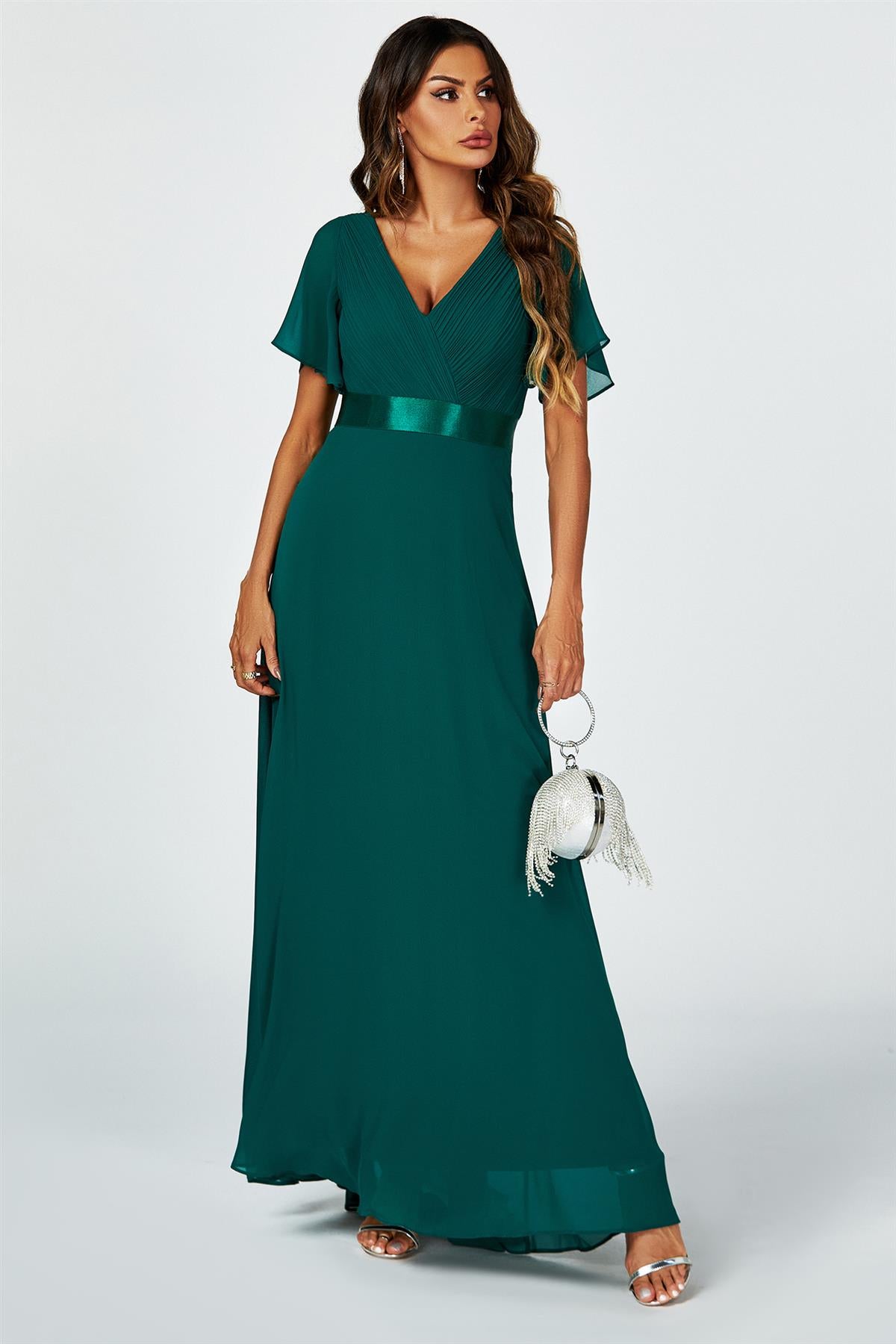 Angel Sleeves Empire Waist Bridesmaid Dress In Green FS Collection London