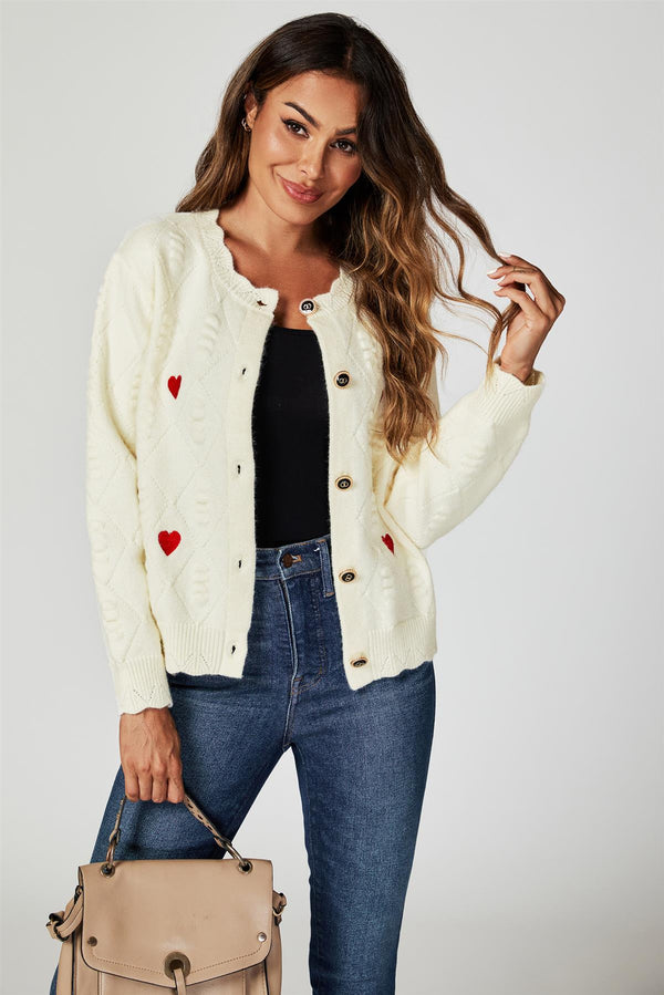 Heart Embroidered Knitted Cardigan In Cream