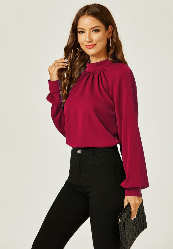 Neckholder-Langarm-Bluse in Weinrot
