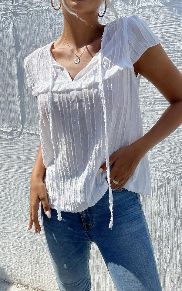 Transparentes Top aus beflocktem Tüll in Weiß