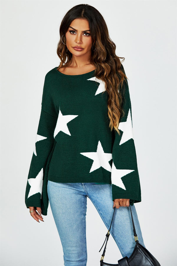 Wide Sleeve Oversize Dark Green Jumper With White Star