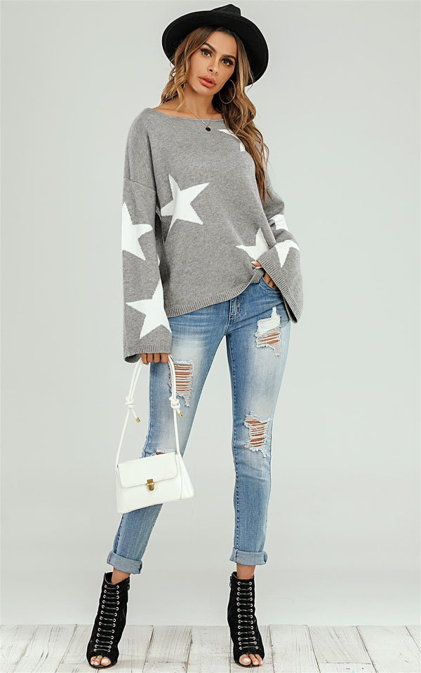 Grauer Oversize-Pullover mit weiten Ärmeln und weißem Stern