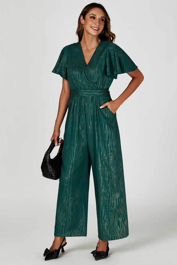 Grüner Jumpsuit mit Wickeloberteil und Goldfoliendruck