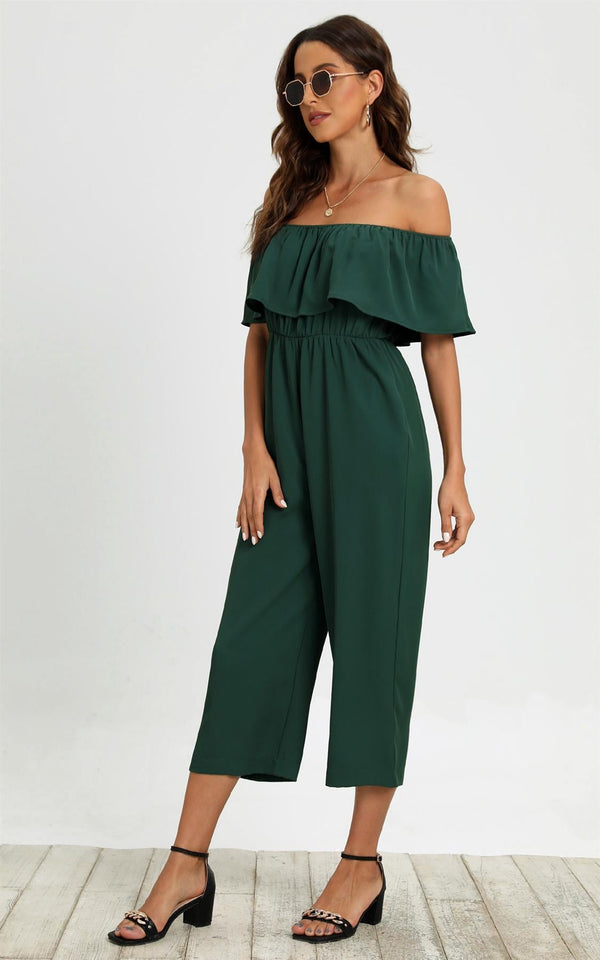 Grüner Bardot-Jumpsuit mit Rüschen