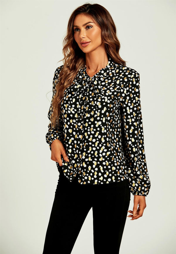 Bluse/Top mit Schleife und Leopardenmuster in Goldfolie in Schwarz