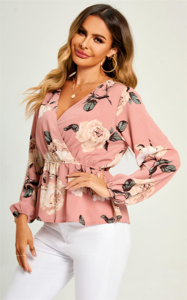 Langärmliges Top/Bluse mit V-Ausschnitt und Rosenflora-Print in Rosa