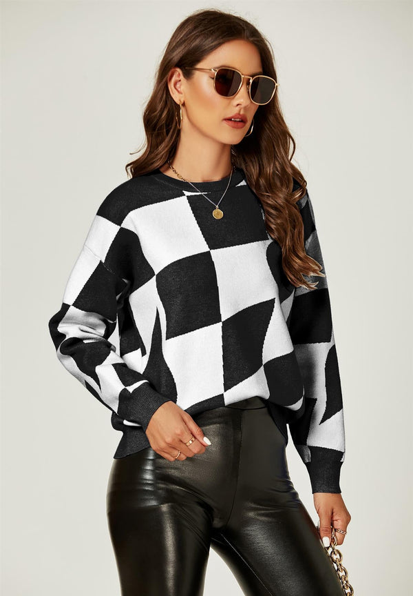 Bequemes Pulloveroberteil mit geometrischem Muster in Schwarz und Weiß
