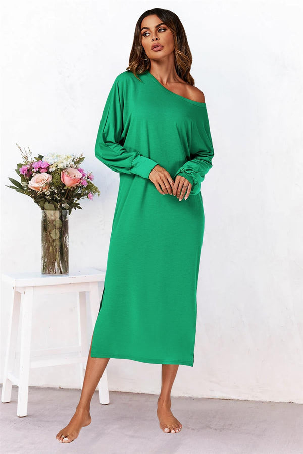 Oversized Midaxi Jersey Jurk met Lange Mouwen en Split in Groen 