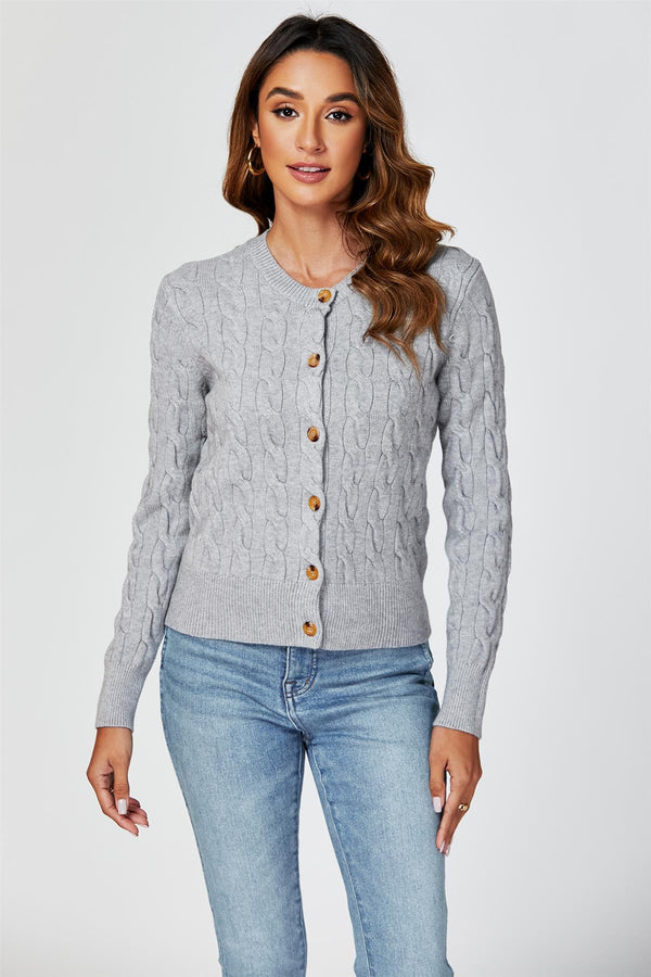 Cable-Knit Crewneck Cardigan In Grey