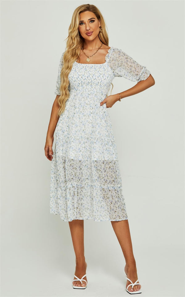 Blue Flora Print – Bardot-Midikleid mit Puffärmeln und elastischem Detail in Weiß