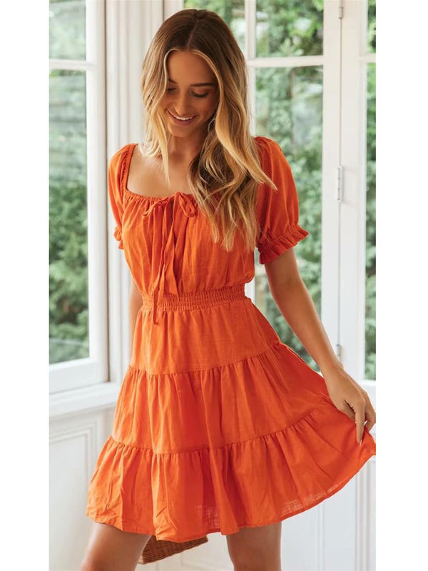 Linen Short Sleeve Layered Mini Dress In Orange